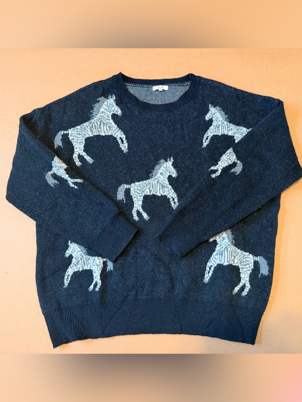 Black Easel Crewneck Sweater with Grey Zebra Horse Motif